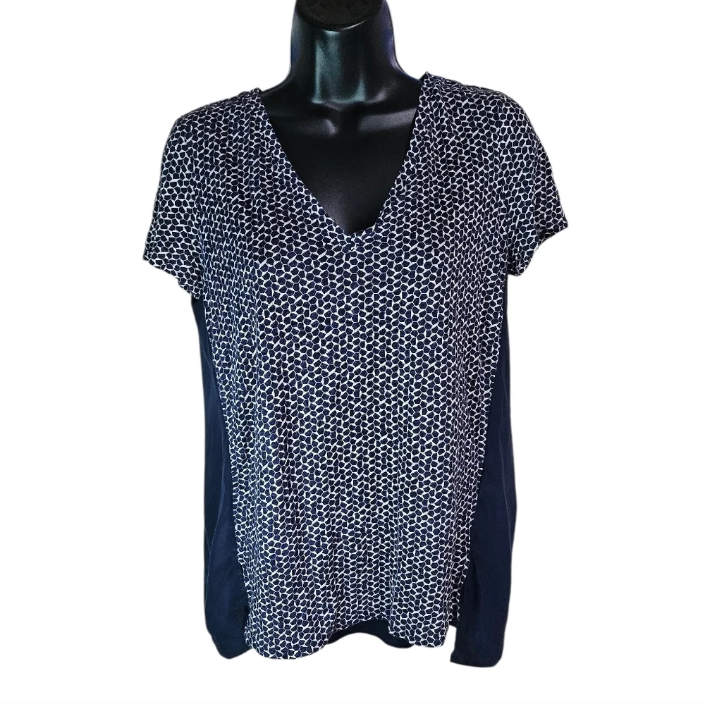 Tory Burch Tessera Navy Blue Linen Silk Short Sleeve Top Shirt Small